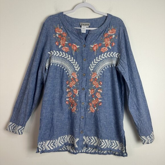A‎ La Carte Embroidered Womens Top Chambray Button Up Tunic Floral Front Size L - Picture 1 of 9